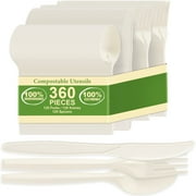 360 Packs Compostable Utensils, Compostable 120 Forks 120 Spoons 120 Knives, Large Disposable Silverware Heavy-Duty Eco Friendly Flatware