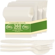 360 Packs Compostable Utensils, Compostable 120 Forks 120 Spoons 120 Knives, Large Disposable Silverware Heavy-Duty Eco Friendly Flatware