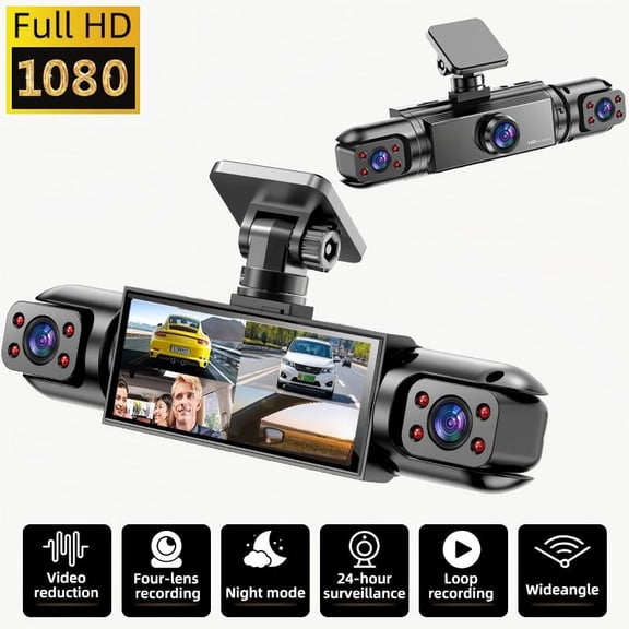 360 Panoramic Dash Cam, 4 Channel 1080P Front + 720P Rear Left Right Car Camera, Quad Split Screen Display, HD Night Vision WDR G-Sensor Loop Recording, Full Coverage Car Security Dash Camera