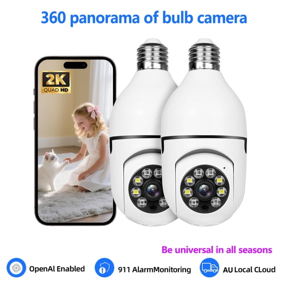 360 Panoramic Monitoring 2K 1440P HD WiFi Bulb Camera, White, 2 Pack
