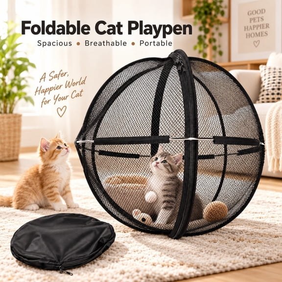 360 Panoramic Rolling Cat Playpen, Indoor Outdoor Safe Enclosure with One-Click Setup, Breathable Scratch-Resistant Mesh, 28 Inch Portable Cat Tent