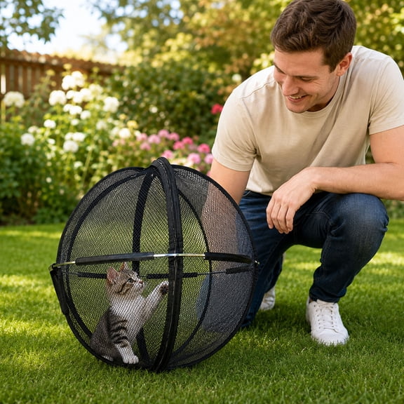360 Panoramic Rolling Cat Playpen, Indoor Outdoor Safe Mesh Cat Enclosure, One-Click Setup Breathable Washable Rolling Play Cage for Cats & Small Pets