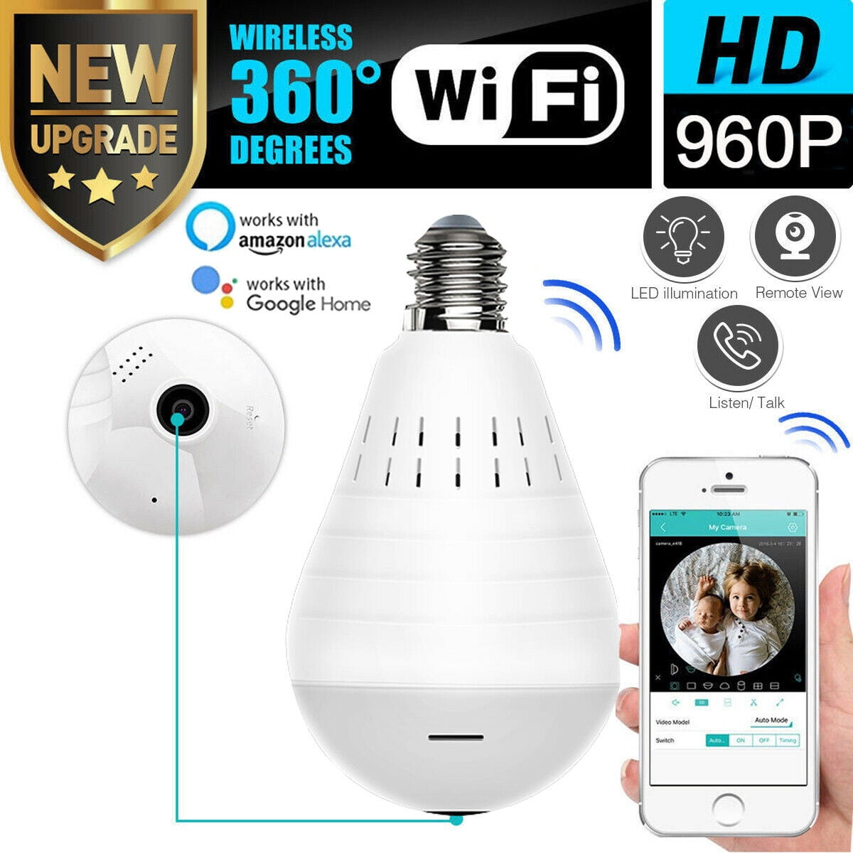 360° Panoramic View Wifi IP Bulb Camera with FishEye Lens 360 Degree 3D ...