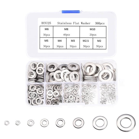 360 Pcs Assorted Screws Spring Washers Gasket Flat Stainless Steel