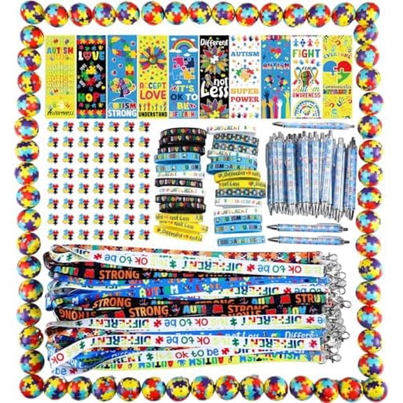 360 Pcs Autism Awareness Accessories Set Puzzle Piece Silicone Bracelets Pins Lanyards Pens Bookmarks Stress Balls for Autistic Pride Day School Party Charity Fundraisers Gifts Supplies