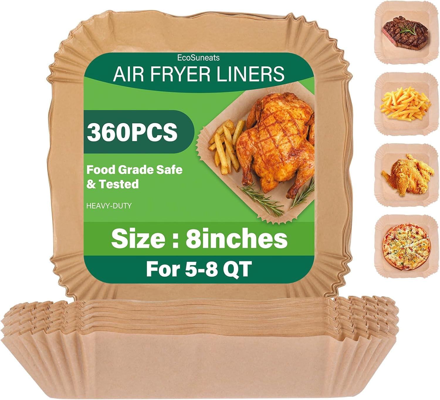 360 Pcs Heavy-Duty Air Fryer Liners by | 8x8 Inch Square Food Safe Parchment Paper | Non-Stick for Easy Cleanup | Fits 5-8 QT Baskets