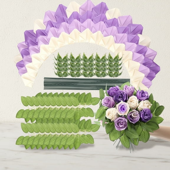 360 Pcs Premade Satin Ribbon Rose Petals DIY Kit with Flower Calyx Bases and Leaves Stems Half-Finished for Eternal Rose Flower Bouquet Gift (Purple Series)