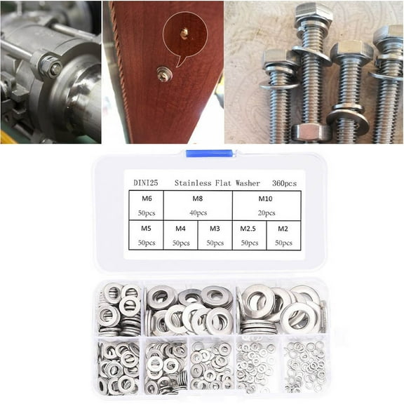 360 Pcs Stainless Steel Washers Screw Gasket Spring Washers 1/4 Flat Washer Spring Washer Lock Washer Flat Washer