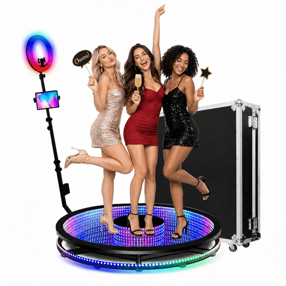 360 Photo Booth Machine, 31.5 in Tempered glass platform for 3-5 People, Ring Light, App Control, Free Custom Logo, Flight Case for Parties, Weddings & Events