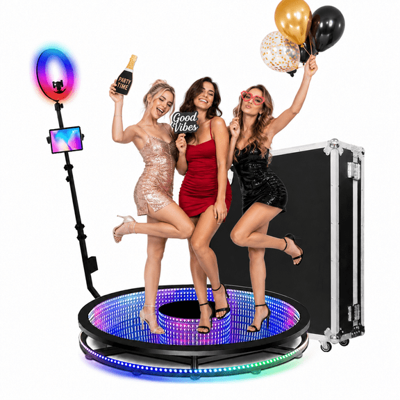 360 Photo Booth Machine, 31.6 in Tempered glass platform for 3-5 People, Ring Light, App Control, Free Custom Logo, Flight Case for Parties, Weddings & Events