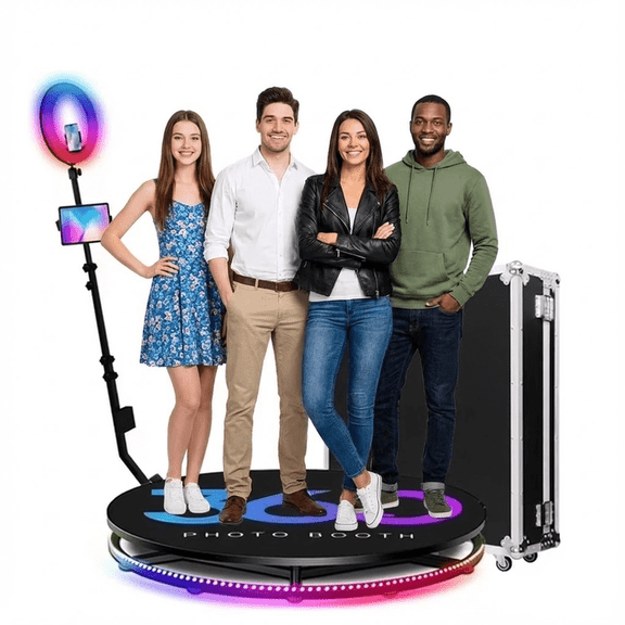 360 Photo Booth Machine, 39.4" Rotating Platform w/ Flight Case, Ring Light & RGB Strip, App/Remote, Fits 4–6 People, For Parties & Events