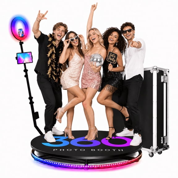 360 Photo Booth Machine, 39.4 in Platform for 3-7 People, Ring Light, App Control, Free Custom Logo, Flight Case for Parties, Weddings & Events
