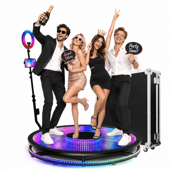 360 Photo Booth Machine, 39.5 in Tempered glass platform for 3-7 People, Ring Light, App Control, Free Custom Logo, Flight Case for Parties, Weddings & Events