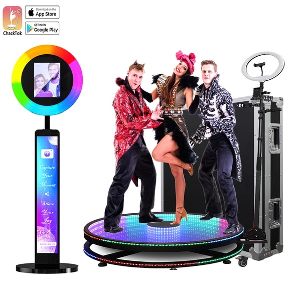 360 Photo Booth Machine 40"Tempered Glass and Ipad photo booth Control/APP Free Battery + Ring Light Power Supply Flight Case,MWE