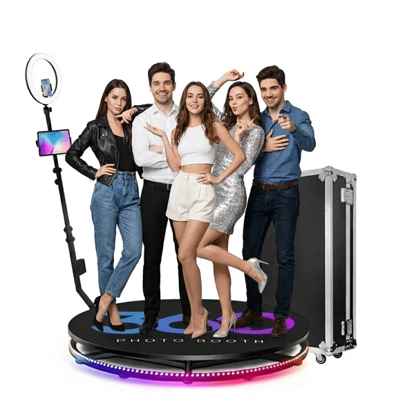 360 Photo Booth Machine, 45.2" Rotating Platform w/ Flight Case, Ring Light & RGB Strip, App/Remote, Fits 57 People, For Parties & Events