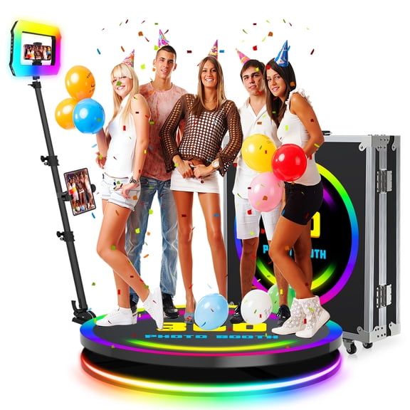 360 Photo Booth Machine with Flight Case, 100cm/39.4inch Automatic 360 Spin Booth with Square Fill Light, Free Custom Logo, APP Remote Control for Weddings Parties Events