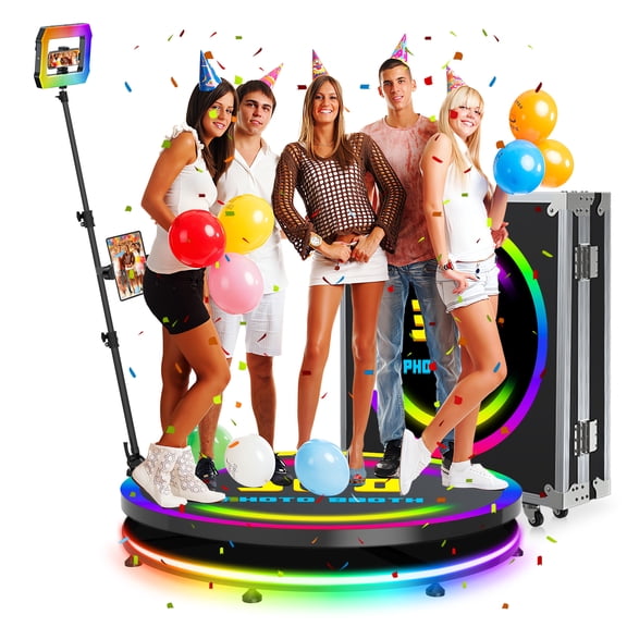 360 Photo Booth Machine with Flight Case, 100cm/39.4inch Automatic 360 Spin Booth with Square Fill Light, Free Custom Logo, APP Remote Control for Weddings Parties Events