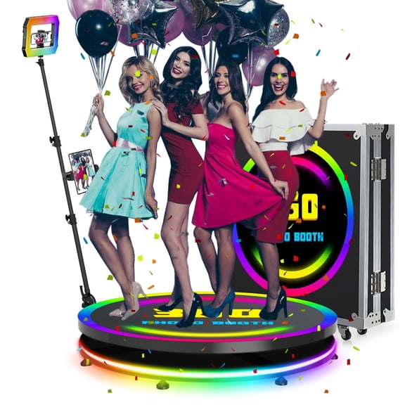 360 Photo Booth Machine with Flight Case,80cm/31.6" 360 Photo Booth for 3-5 People, Free Custom Logo, App Remote Control, Square Fill Light, Automatic Slow Rotation 360 Photo Booth for Events Parties