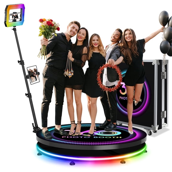 360 Photo Booth Machine for Parties with Flight Case,360 Photo Booth 31.6“/80cm for 3-5 People, Square Light Built-in Battery 4-8H, APP Remote Control Photography Automatic 360 Spin Camera Video