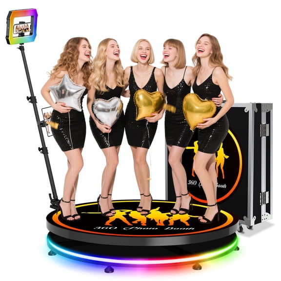 360 Photo Booth Machine for Parties with Flight Case,360 Photo Booth 39.6“/100cm for 3-7 People, Square Light Built-in Battery 4-8H, APP Remote Control Photography Automatic 360 Spin Camera Video