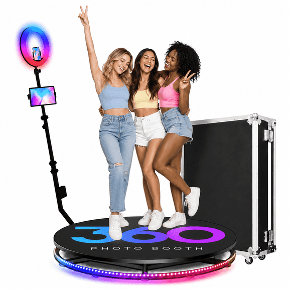 360 Photo Booth Machine with 31.9-Inch RGB Platform for 3-8 People, Ring Light, Free Logo Customization and Flight Case for Parties & Events