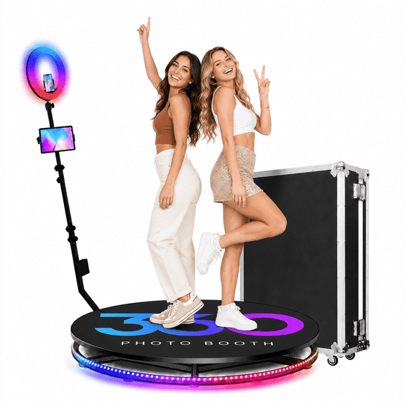 360 Photo Booth Machine with 32-Inch RGB Platform for 3-9 People, Ring Light, Free Logo Customization and Flight Case for Parties & Events