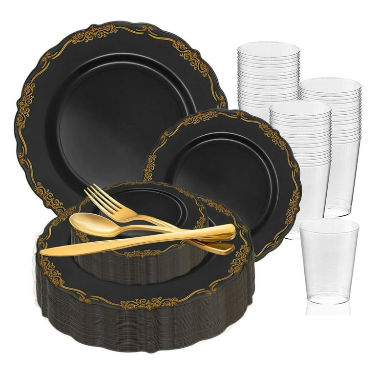 360 Piece Disposable Plastic Dinnerware Set for 60 Guests Fancy Black with Vintage Dinner Plates Dessert Salad Plates Silverware Set Party Cups For Wedding Birthday All Occasions Walmart