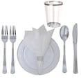 thumbnail image 1 of 360 Piece Disposable Plastic Wedding Tableware Dinnerware Set. Silver Rimmed Dinner and Dessert Plates, Silver Cutlery Set, Silver Rimmed Tumblers, Linen Feel Napkins With Rhinestone Napkin Rings., 1 of 9
