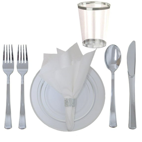 360 Piece Disposable Plastic Wedding Tableware Dinnerware Set. Silver Rimmed Dinner and Dessert Plates, Silver Cutlery Set, Silver Rimmed Tumblers, Linen Feel Napkins With Rhinestone Napkin Rings.