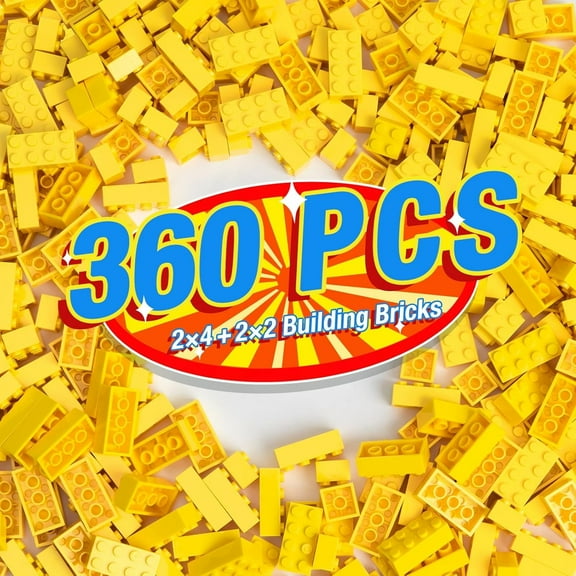 360 Pieces Building Bricks, Classic Basic Flats Parts and Pieces - 2x4 Brick x200 and 2x2 Brick x160,  Building Bulks Compatible with All Major Brands, Yellow