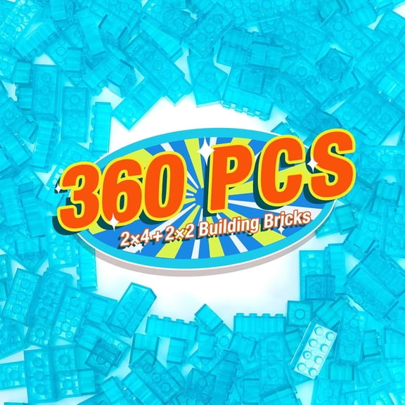 360 Pieces Building Bricks, Classic Basic Flats Parts and Pieces - 2x4 Brick x200 and 2x2 Brick x160, Moc Building Bulks Compatible with All Major Brands, Clear Blue