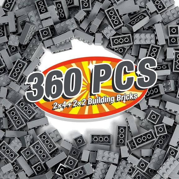 360 Pieces Building Bricks, Classic Basic Flats Parts and Pieces - 2x4 Brick x200 and 2x2 Brick x160, Moc Building Bulks Compatible with All Major Brands, Dark Grey
