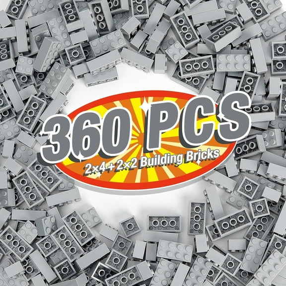 360 Pieces Building Bricks, Classic Basic Flats Parts and Pieces - 2x4 Brick x200 and 2x2 Brick x160, Moc Building Bulks Compatible with All Major Brands, Light Grey