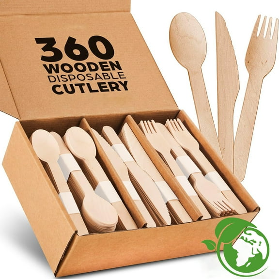 stusgo 360 Pieces Wooden Disposable Cutlery,Include 120 Forks,120 Spoons,120 Knives for Parties