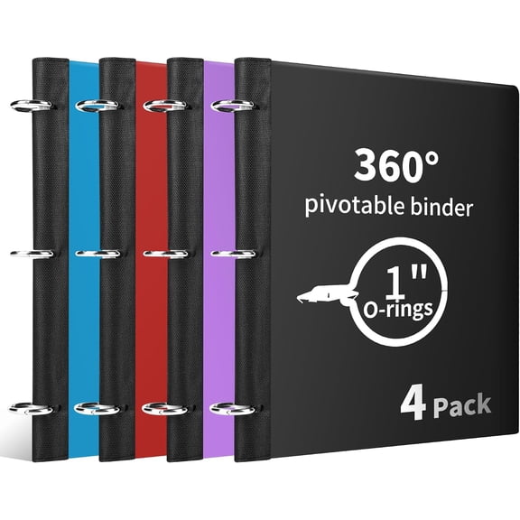360 Pivotable 3 Ring Binder, Upgraded Foldable Binders 1 inch 4 Pack, Thin Small Three Ring Binder Fits 8.5" x 11", for Home, School and Office Binders Supplies -Black, Blue, Red, Purple