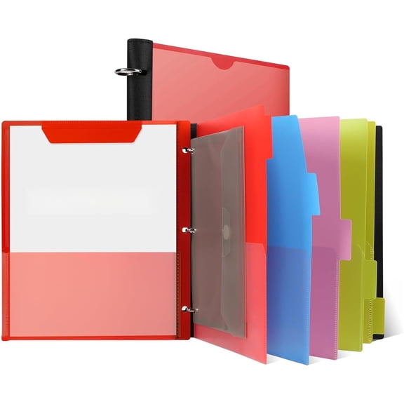 360° Pivotable Project Organizer Folder, 3 Ring Binder 1 Inch, Customizable Cover Multi Pocket Folder Binder, 13 Pocket Folders, Red
