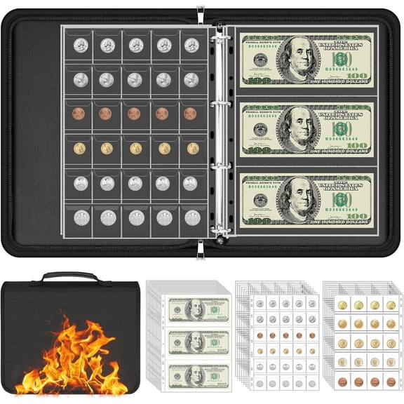 360 Pockets Coin Currency Collection Book Holder for Collectors, PU Coin Currency Collecting Album with Zipper and Handle, 360 Coins Pockets, 36 Sleeves Paper Money Banknote Binder