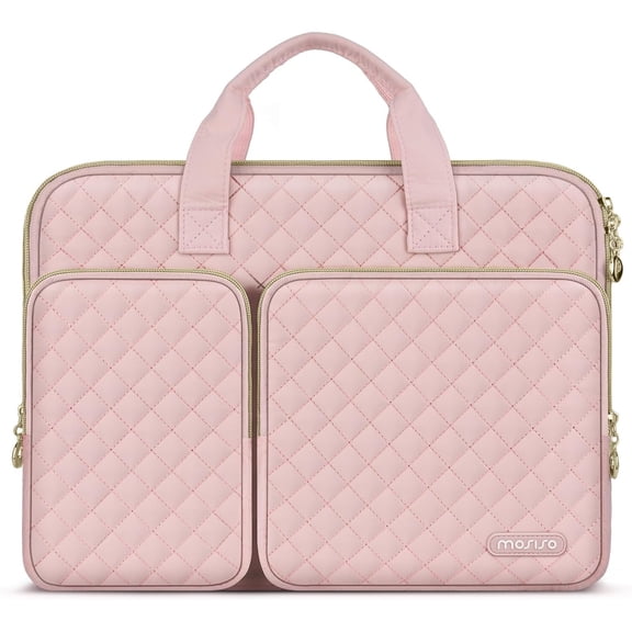 360 Protective Laptop Case 13.3 inch, 13-13.3 inch Sleeve Compatible with MacBook Air/Pro 13/Pro 14,HP ASUS , Square Quilted Bag Cover 2 Pockets&Handle&Belt, Chalk Pink