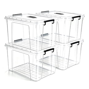 Clear Stackable Plastic Storage Bins, 4 Pack 90 Qt, Bpa-Free Heavy Duty Containers with Lids, Latches & Handles, White for Home, Office & Garage