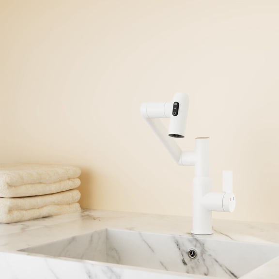 360° Rotary Bathroom Sink Faucet with Spray Function and Temperature Display, Single Handle Sink Faucet Bathroom with 3 Water Outlet Modes and Anti-Skid Switch, for Bedroom, White