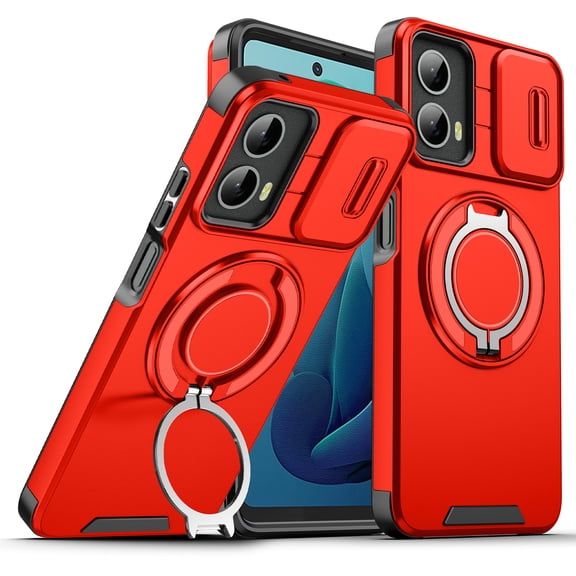 360° Rotatable + 100° Fold Ring Stand Slim Fit Case for Motorola Moto G Power 5G 2023, with Sliding Camera Cover Shockproof Protection Matte Hybrid Phone Cover, Support Magnetic Car Mount, Red