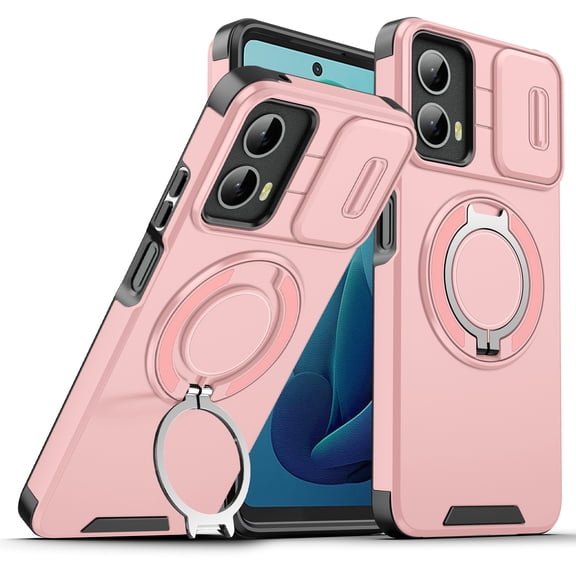 360° Rotatable + 100° Fold Ring Stand Slim Fit Case for Motorola Moto G Power 5G 2024, with Sliding Camera Cover Shockproof Protection Matte Hybrid Phone Cover, Support Magnetic Car Mount, Pink
