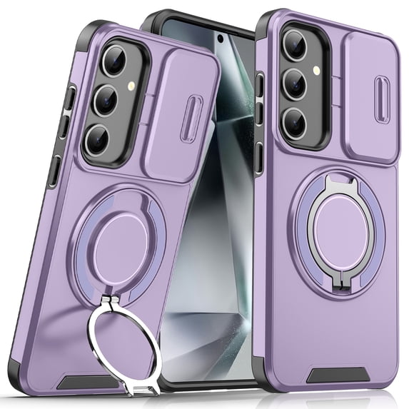 360° Rotatable + 100° Fold Ring Stand Slim Fit Case for Samsung Galaxy S24 Plus, with Sliding Camera Cover Shockproof Drop Protection Matte Hybrid Phone Cover, Support Magnetic Car Mount, Purple