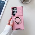 thumbnail image 1 of 360° Rotatable + 100° Fold Ring Stand Slim Fit Case for Samsung Galaxy S24 Ultra, with Sliding Camera Cover Shockproof Drop Protection Matte Hybrid Phone Cover, Support Magnetic Car Mount, Pink, 1 of 9