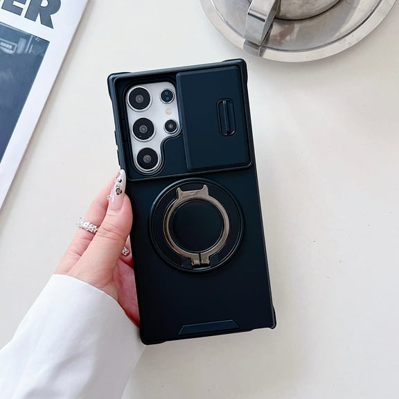 360° Rotatable + 100° Fold Ring Stand Slim Fit Case for Samsung Galaxy S25 Edge, with Sliding Camera Cover Shockproof Drop Protection Matte Hybrid Phone Cover, Support Magnetic Car Mount, Black