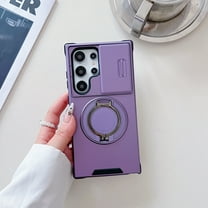 360° Rotatable 100° Fold Ring Stand Slim Fit Case for Samsung Galaxy S25 Ultra, with Sliding Camera Cover Shockproof Drop Protection Matte Hybrid Phone Cover, Support Magnetic Car Mount, Purple