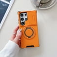thumbnail image 1 of 360° Rotatable + 100° Fold Ring Stand Slim Fit Case for Samsung Galaxy S25 Ultra, with Sliding Camera Cover Shockproof Drop Protection Matte Hybrid Phone Cover, Support Magnetic Car Mount, Orange, 1 of 9