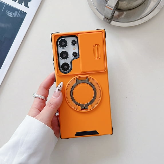 360° Rotatable + 100° Fold Ring Stand Slim Fit Case for Samsung Galaxy S25 Ultra, with Sliding Camera Cover Shockproof Drop Protection Matte Hybrid Phone Cover, Support Magnetic Car Mount, Orange