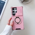 thumbnail image 1 of 360° Rotatable + 100° Fold Ring Stand Slim Fit Case for Samsung Galaxy S25 Ultra, with Sliding Camera Cover Shockproof Drop Protection Matte Hybrid Phone Cover, Support Magnetic Car Mount, Pink, 1 of 9