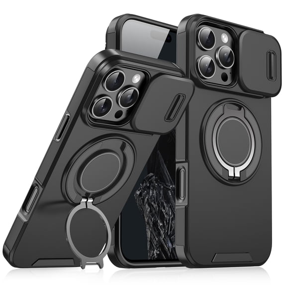 360° Rotatable + 100° Fold Ring Stand Slim Fit Case for iPhone 15 Plus/14 Plus, with Sliding Camera Cover Shockproof Drop Protection Matte Hybrid Phone Cover, Support Magnetic Car Mount, Black